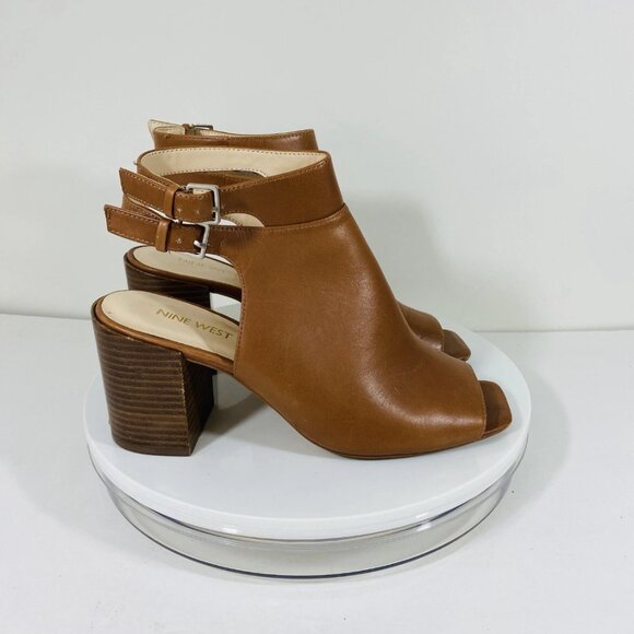 Nine West Leather Ankle Peep Toe Booties Womens 8.5 Cognac Block Heel Buckle - Picture 1 of 11